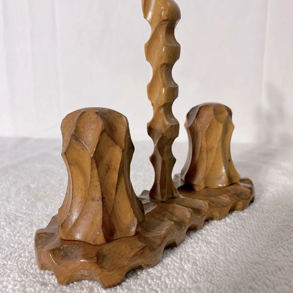 Vintage Hand Carved Wood Salt & Pepper Shakers With Carrier Stand - Picture 5 of 15